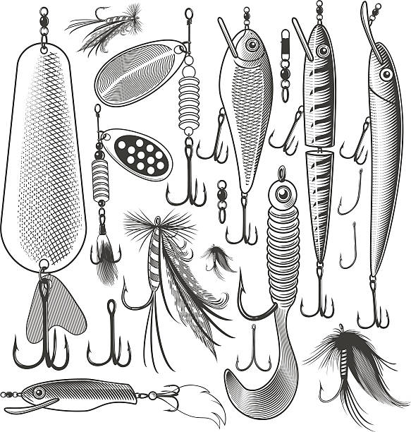 Artificial fishing lures Vector illustration, isolated, grouped, transparent background fishing bait illustrations stock illustrations