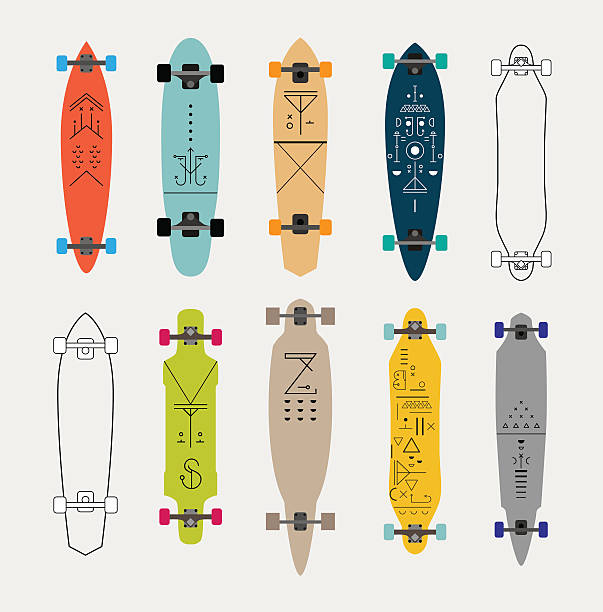 ilustraciones, imágenes clip art, dibujos animados e iconos de stock de colección de diferentes forma monopatines y longboards.  vector.  aislados. - patinaje en tabla larga