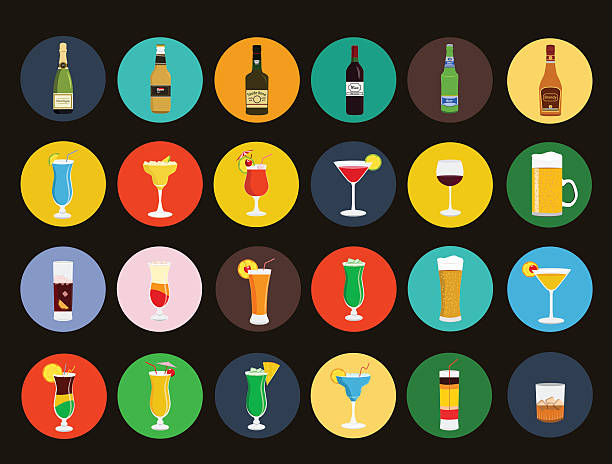 illustrations, cliparts, dessins animés et icônes de boissons alcoolisées et boissons ensemble d'icônes - martini glass wineglass wine bottle glass