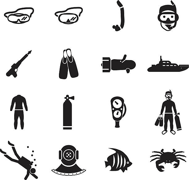 tauchen symbole set - oxygen tank underwater diving diving wetsuit stock-grafiken, -clipart, -cartoons und -symbole