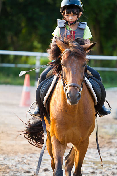 istock child trains horse riding , 499646345