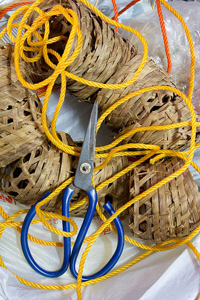 Basket, rope, scissors stock photo