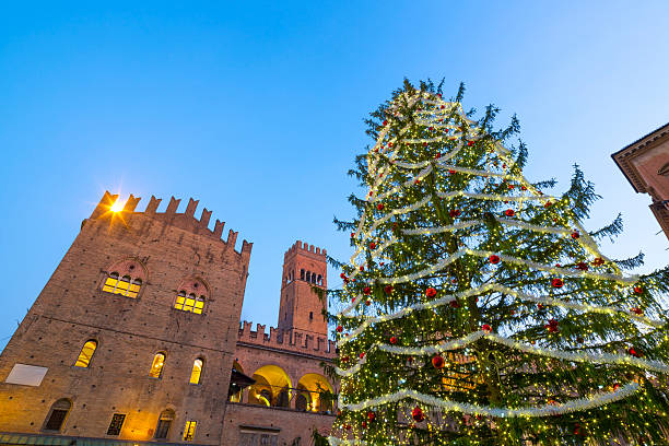 árvore de natal na praça del nettuno em bolonha, itália - piazza del nettuno imagens e fotografias de stock