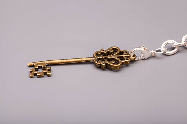 istock Vintage Key with chain on gray background 499652194