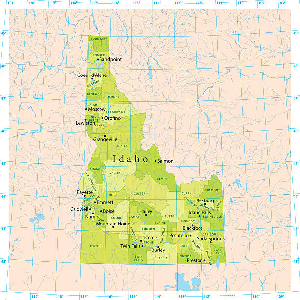 Idaho Vector Map Detailed vector map of the US State of Idaho with administrative divisions. The colors in the .eps-file are ready for print (CMYK). Included files are EPS (v10) and Hi-Res JPG (4924 x 4924 px). latitude stock illustrations