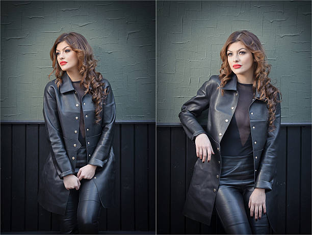 istock Charming young brunette woman in black leather outfit 499654038