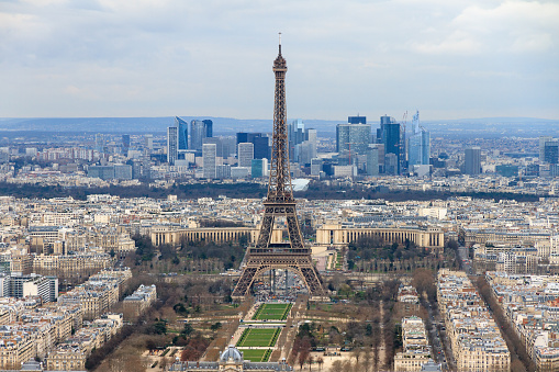 Beautiful aerial cityscape of Paris, France, with the Eiffel tower seen from the Tour Montparnasse