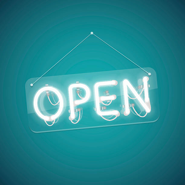 ilustrações, clipart, desenhos animados e ícones de branco brilhante em neon sinal de aberto - open sign