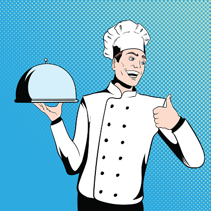 Chef cook holds a tray. Illustration in comics style