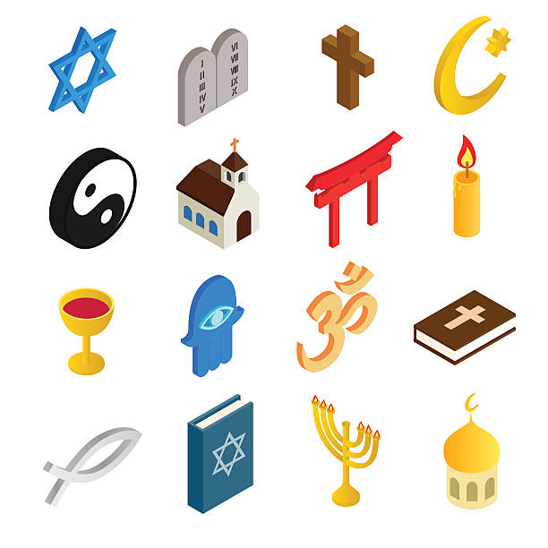 illustrazioni stock, clip art, cartoni animati e icone di tendenza di religione isometrici set di icone 3d - khanda