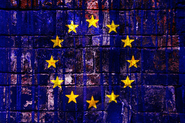 istock European flag, brick wall texture 499660361