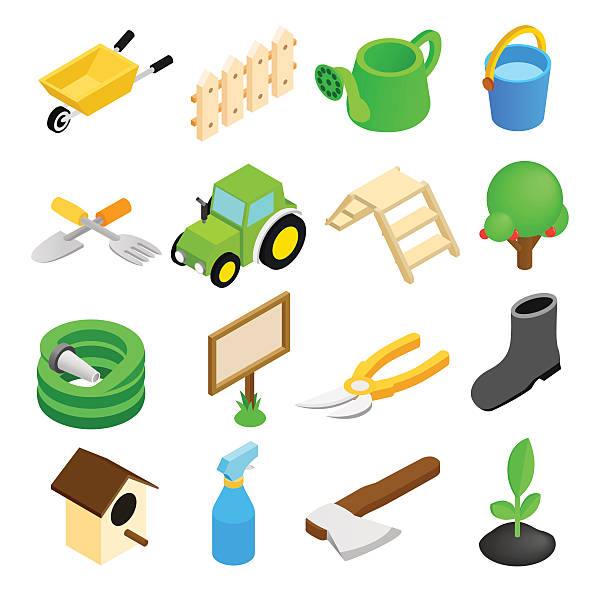 сад изометрические 3d иконки набор - watering can trowel dirt shovel stock illustrations