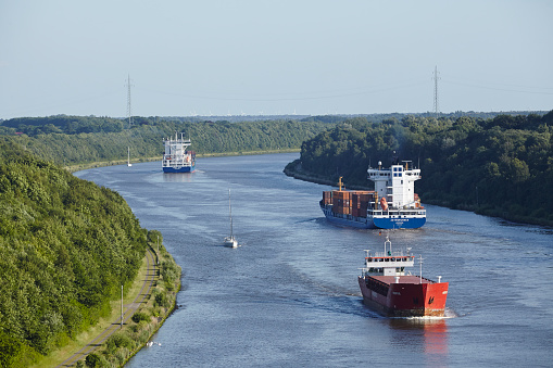 Beldorf, Germany - June 15, 2014: General cargo ship Mosvik at the Kiel Canal (Schleswig-Holstein, Germany) taken on June 15, 2014.