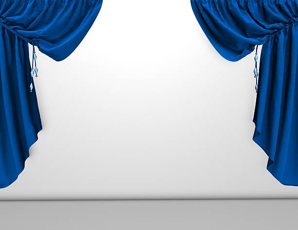 istock background with blue velvet curtains and empty white wall, template 499661393