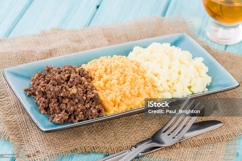 Haggis, Neeps & Tatties Traditional Scottish meal commonly served at Burns' Night. Served with a dram. Animal Stock Photo