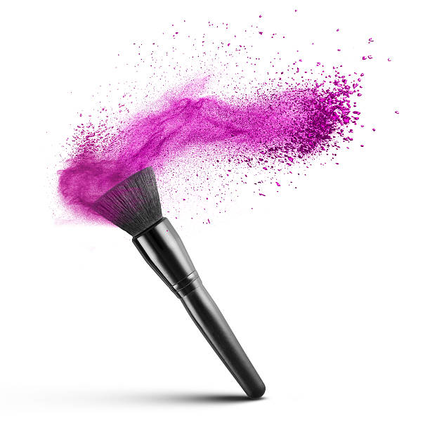 rosa trucco pennello con polvere isolato - make up brush make up isolated cosmetics foto e immagini stock