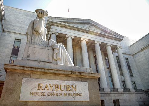 Low angle view of the North facade of the House of Representatives Rayburn Office Building on Capitol Hill in Washington, DC, USA.
