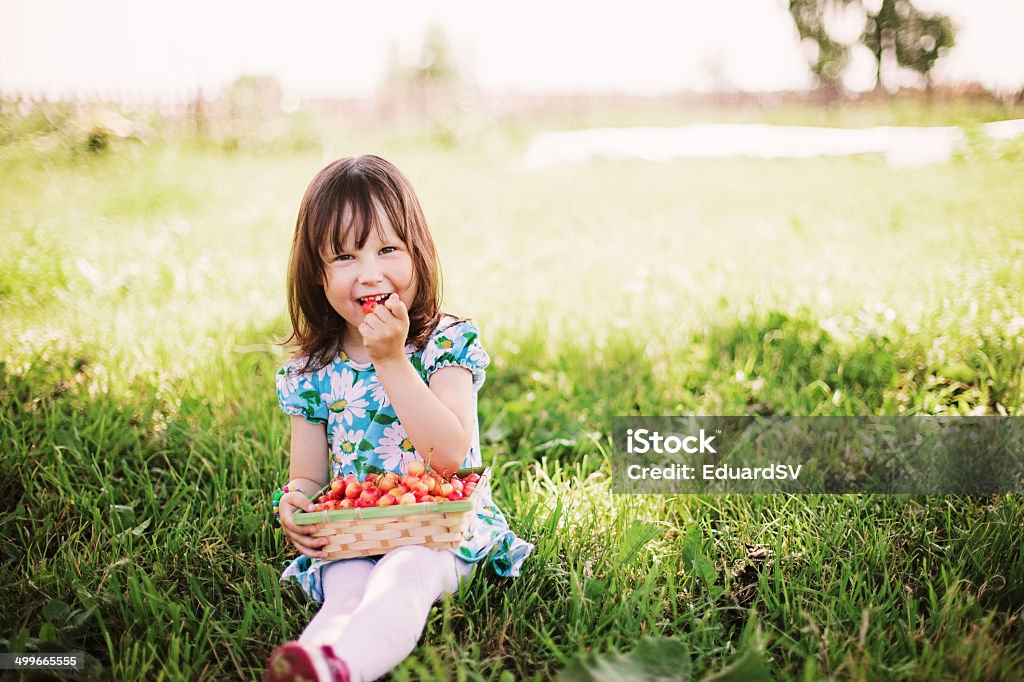 Little girl. Child and cherry. Basket Stock Photo