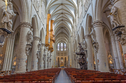 Brussels -  Nave of gothic cathedral of Saint Michael and Saint Gudula.