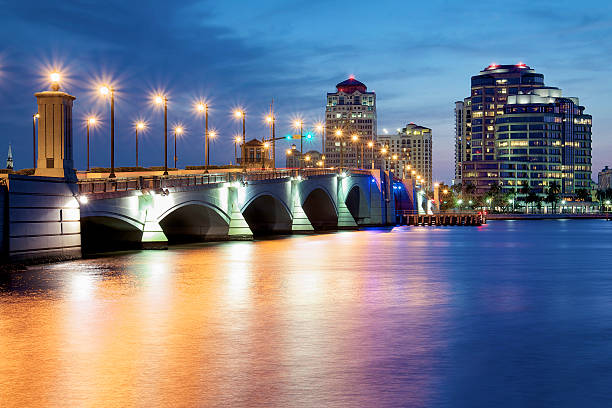 West Palm Beach Skyline West Palm Beach at Night, Florida, United States west palm beach fl stock pictures, royalty-free photos & images