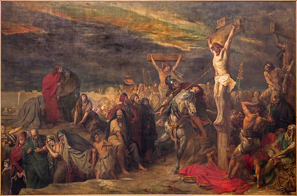brüssel-kreuzigung christi farbe im st. jacques-kirche - kreuzigung jesus stock-grafiken, -clipart, -cartoons und -symbole