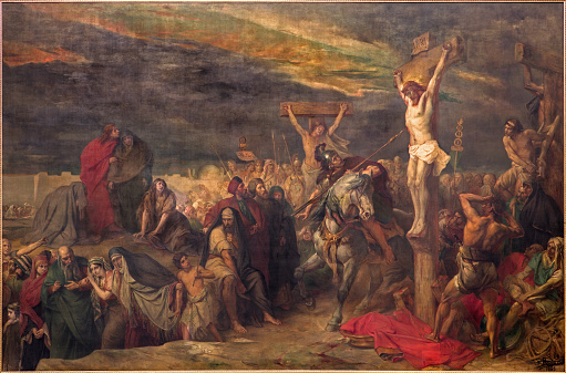 Brussels - The Crucifixion paint by Jean Francois Portaels (1886) in St. Jacques Church at The Coudenberg.