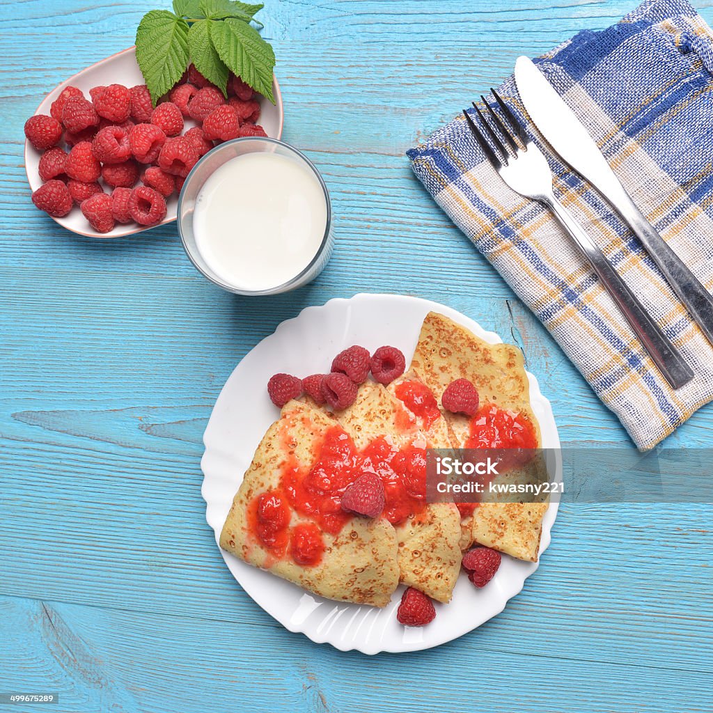 pancakes Hommade pancakes with raspberries Batter - Food Stock Photo