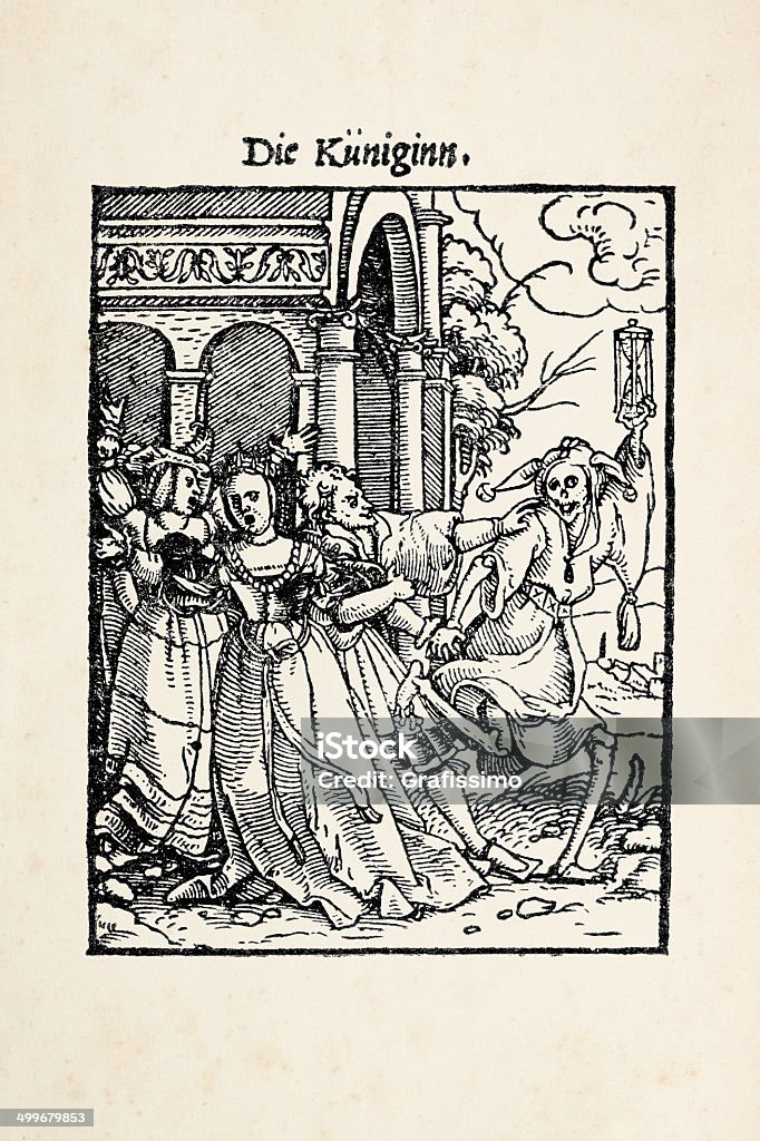Queen avec construction "squelette de danse de mort après Holbein - Illustration de Gravure à l'eau forte libre de droits