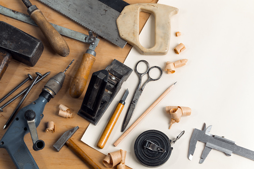 'Still life' with old carpentry's tools. Horizontal composition. 