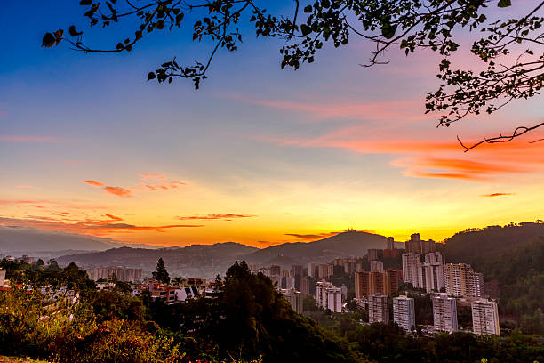 Eastern Caracas panoramic city view at Baruta Municipality in Manzanares neighborhood.  Image taken at sunrise with mountains in the background.
