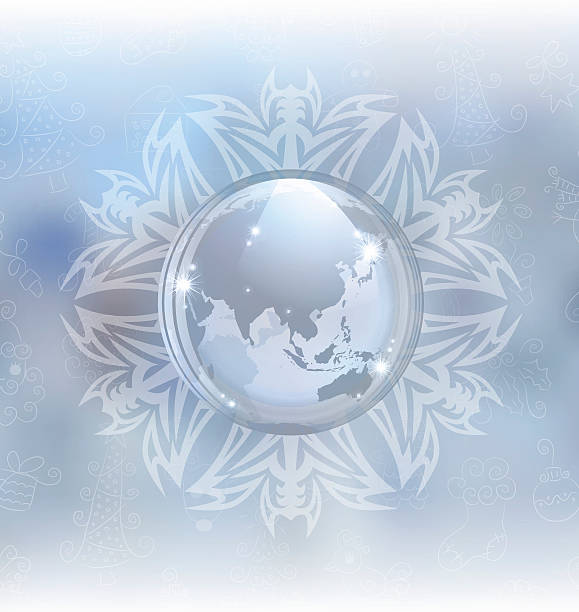 Snow globe with map A vector illustration of a snow globe with map in a snowflake frame on the blurred background. Includes transparent objects, blending modes and opacity masks. snow globe earth stock illustrations