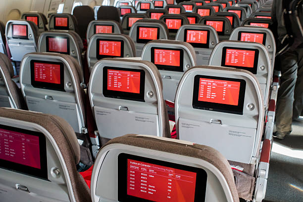 Madrid, Spain - February 13, 2015: Iberia (Airbus A340) flight from Lima, Peru to Madrid, Spain has just landed in Madrid after 11,5 hr transatlantic flight. View on economy class equipment available to travellers.