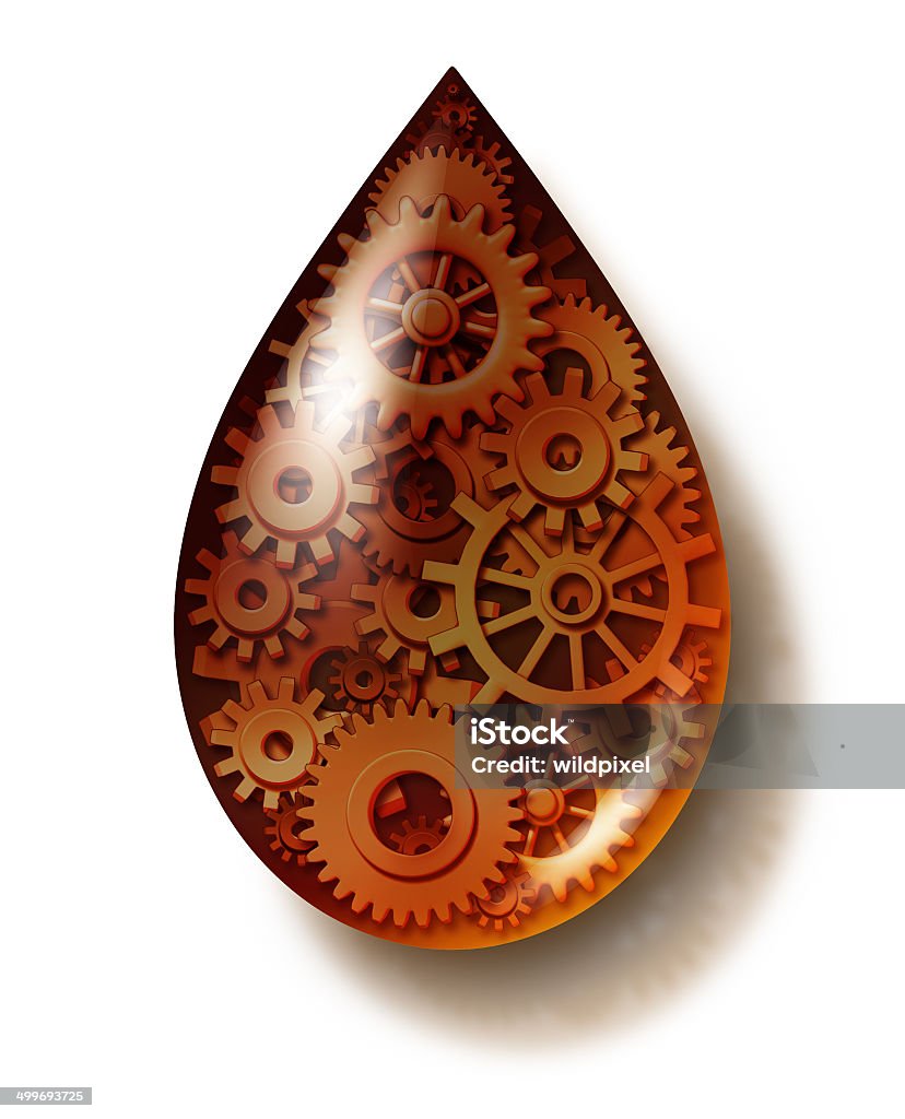 Oil Industry Oil industry symbol as a liquid petroleum drop with connected gears and cogs inside as an icon of fue and energ for an industrial machine engine on a white background. Oil Industry Stock Photo