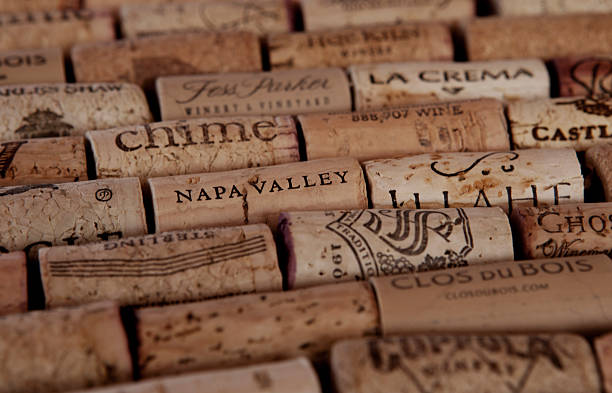 Arranged wine corks An assortment of wine corks from various wineries, mostly in California. napa county stock pictures, royalty-free photos & images