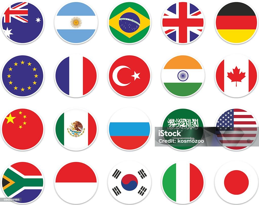 set G-20 circle flag set circle flag of G-20. From left to right  (Australia, Argentina, Brazil, UK, Germany, EU, France, Turkey, India, Canada, China, Mexico, Russia, Saudi Arabia, USA, South Africa, Indonesia, South Korea, Italy, Japan) Flag stock vector