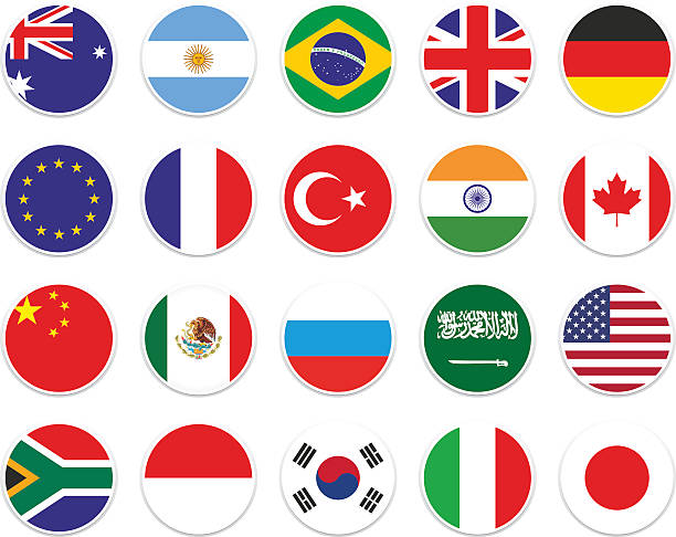 set G-20 circle flag set circle flag of G-20. From left to right  (Australia, Argentina, Brazil, UK, Germany, EU, France, Turkey, India, Canada, China, Mexico, Russia, Saudi Arabia, USA, South Africa, Indonesia, South Korea, Italy, Japan) korean icon stock illustrations