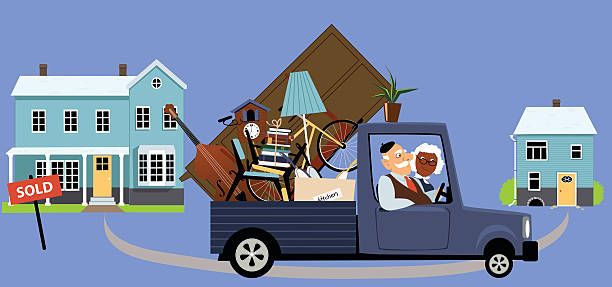 der umzug an die kleinere zu hause - downsizing stock-grafiken, -clipart, -cartoons und -symbole