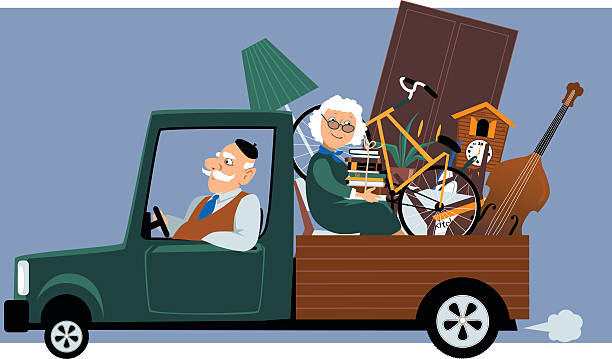 Moving to a new home Senior couple in a pick-up truck moving their belongings, EPS 8 vector illustration, no transparencies belongings stock illustrations