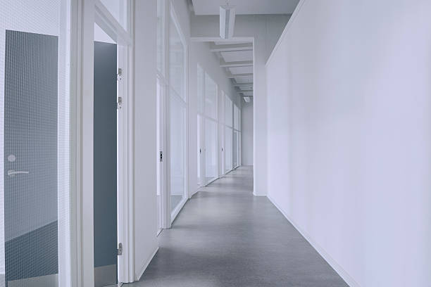 istock Office corridor in gray and white with doors and glass 499696898