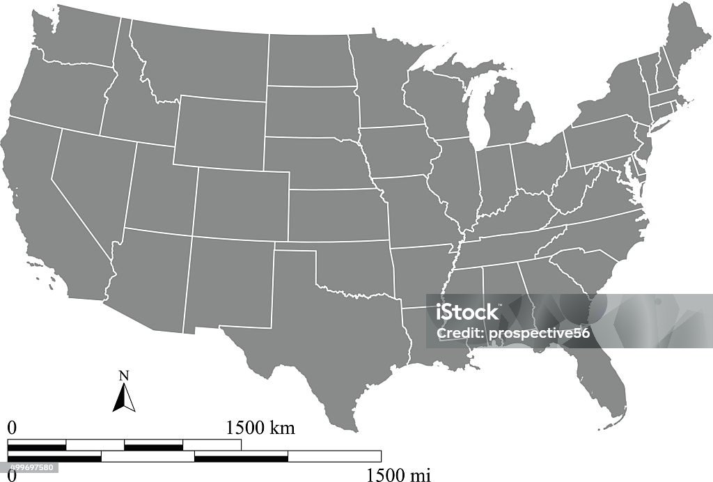 USA map outline vector with scales of miles and kilometers This vector map of USA includes a high quality image file (jpg) and a vector file (eps) that can be scaled to any size. The map and scales are accurately prepared by a GIS expert. Map stock vector
