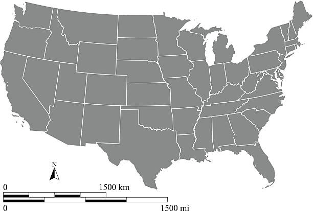 USA map outline vector with scales of miles and kilometers This vector map of USA includes a high quality image file (jpg) and a vector file (eps) that can be scaled to any size. The map and scales are accurately prepared by a GIS expert. florida us state stock illustrations