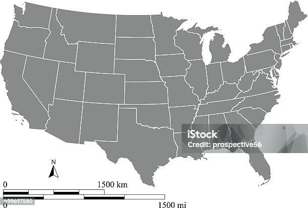 Usa Map Outline Vector With Scales Of Miles And Kilometers Stock Illustration - Download Image Now