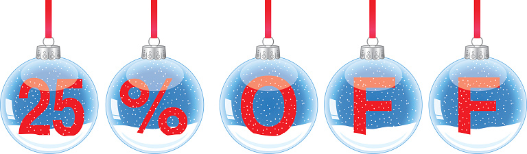 Vector illustration of red hanging christmas ornaments spelling out 25% OFF.