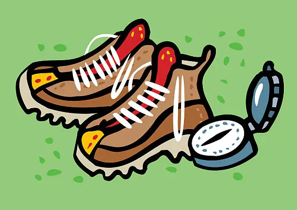 Vector illustration of Hiking boots and compass for hiking