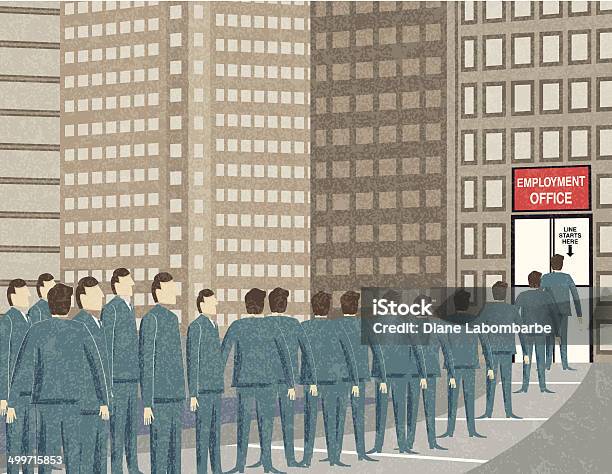 Retro Businessmen Waiting In Line At The Unemployment Office Stock Illustration - Download Image Now