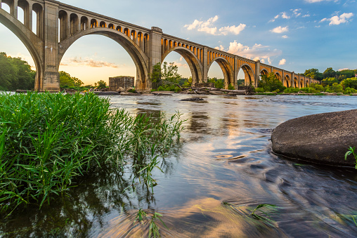 This concrete arch railroad bridge spanning the James River was built by the Atlantic Coast Line, Fredericksburg and Potomac Railroad in 1919 to route transportation of freight around Richmond, VA. 