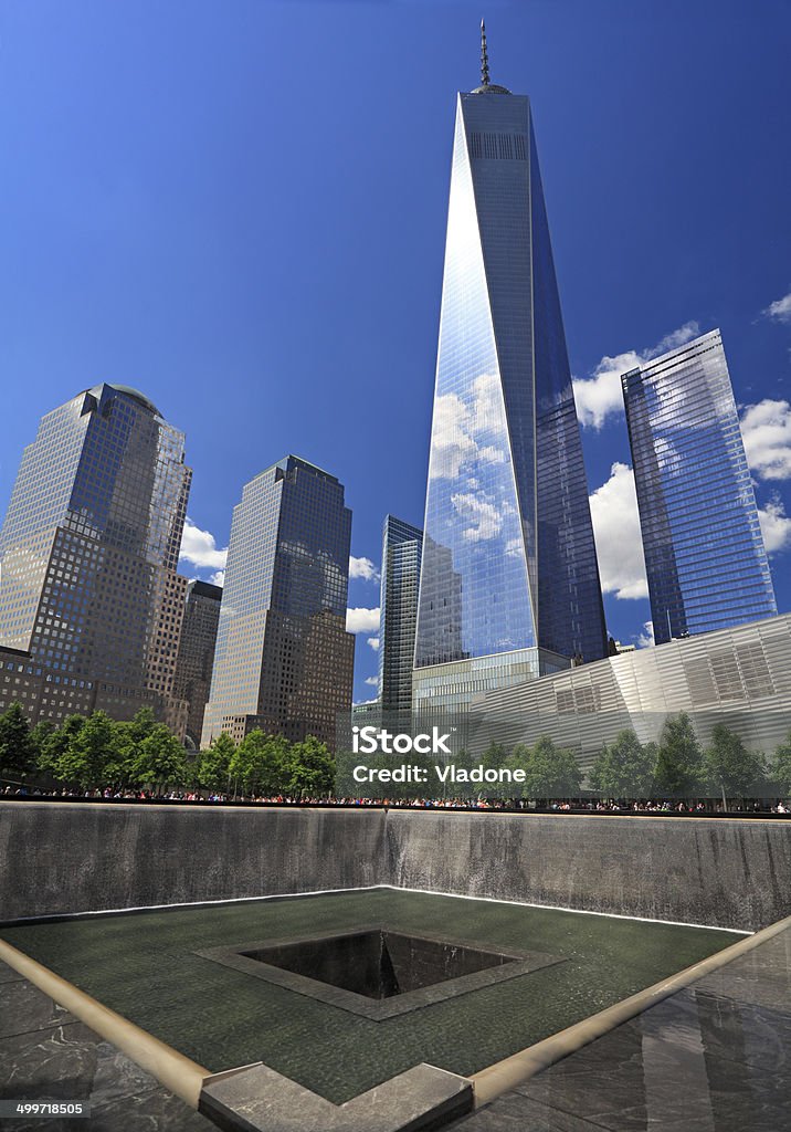 One World Trade Center and memorial fountain, New York City World Trade Center - Manhattan Stock Photo