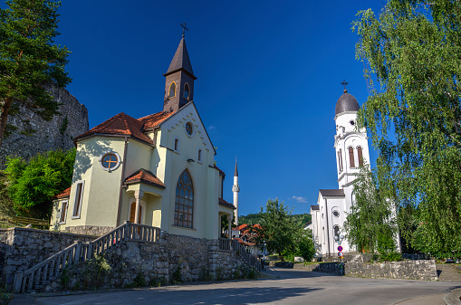 Catholic church, Orthodox church and Mosque in the same square in Bosanska Krupa
