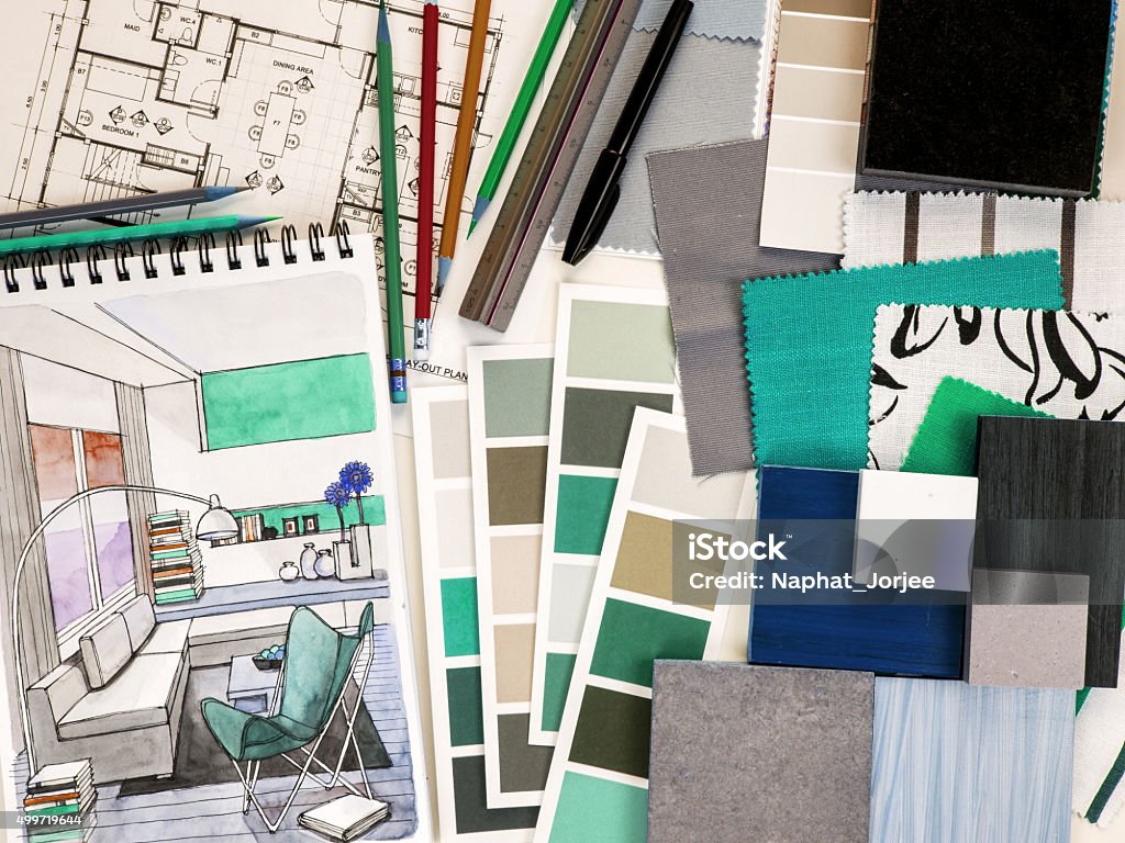 Home decoration and renovation concept Top view of Interior designer& architect working as home decoration and renovation concept Interior Designer Stock Photo