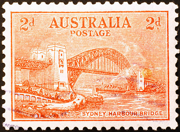 Sydney Harbour Bridge on Old australian stamp stock photo